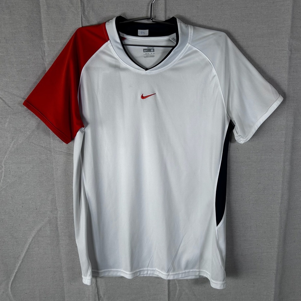 Nike Fit Dry Vintage Soccer Jersey Center Swoosh M White Red Black V-Neck Shirt